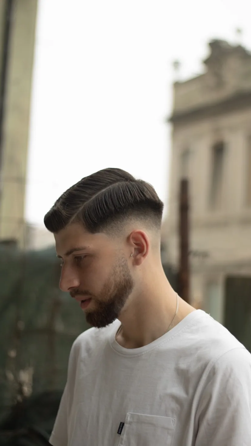 Corte clássico com risca ao lado e barba aparada